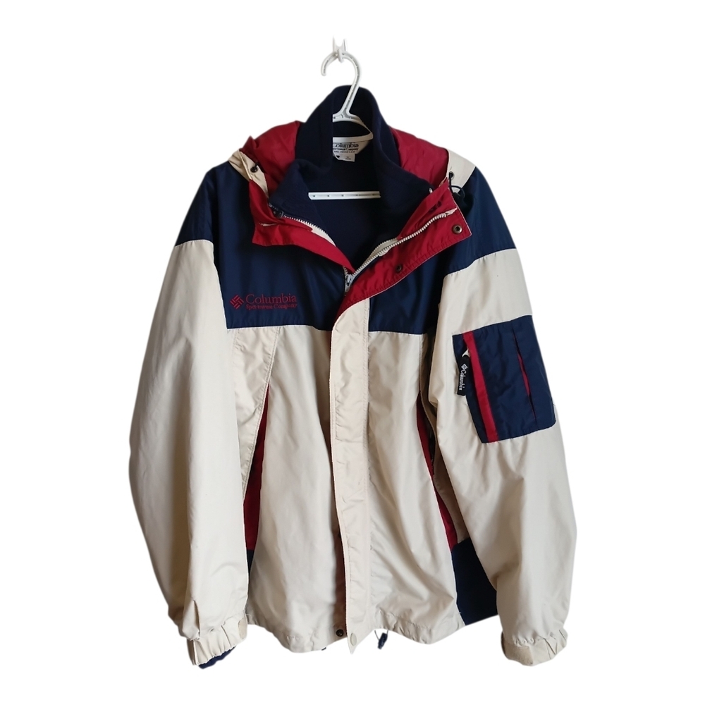 Vintage Columbia 2 In 1 Fleece Lined Cream, Navy & Burgundy Colorblock Jacket